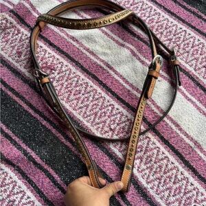 Riata light Brown leather Horse Bridle Headstall with Green stones
